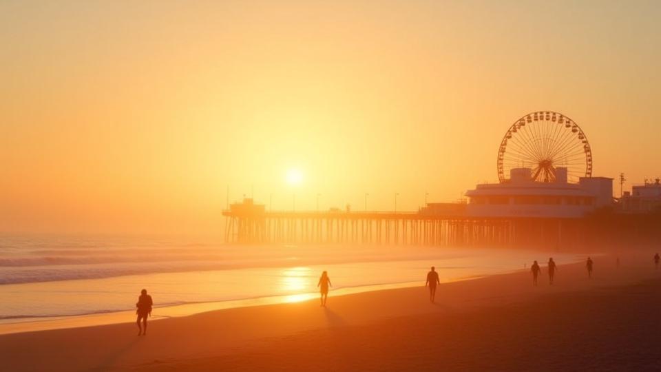Santa Monica Pier and coastline at golden hour.