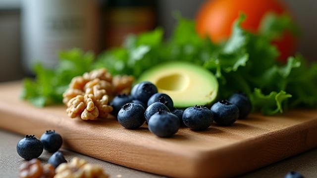 Close-up of vibrant, fresh fruits and vegetables on a cutting board.