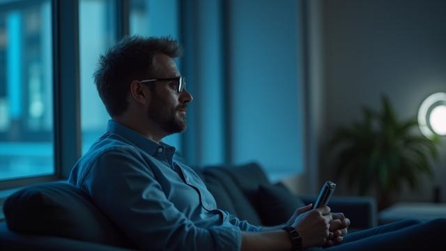 Person using a VR headset in a minimalist, futuristic room, representing wellness technology.