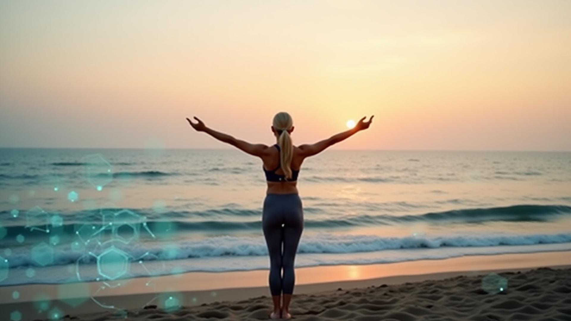 Santa Monica coast at sunrise, blending nature with subtle digital wellness overlays